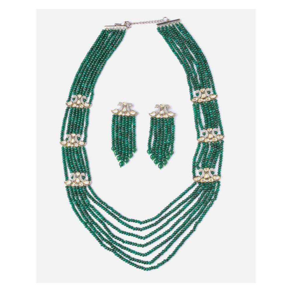 VIVINIA By Vidhi Mehra Gold Plated Green Womens Long Necklace Set With Earrings