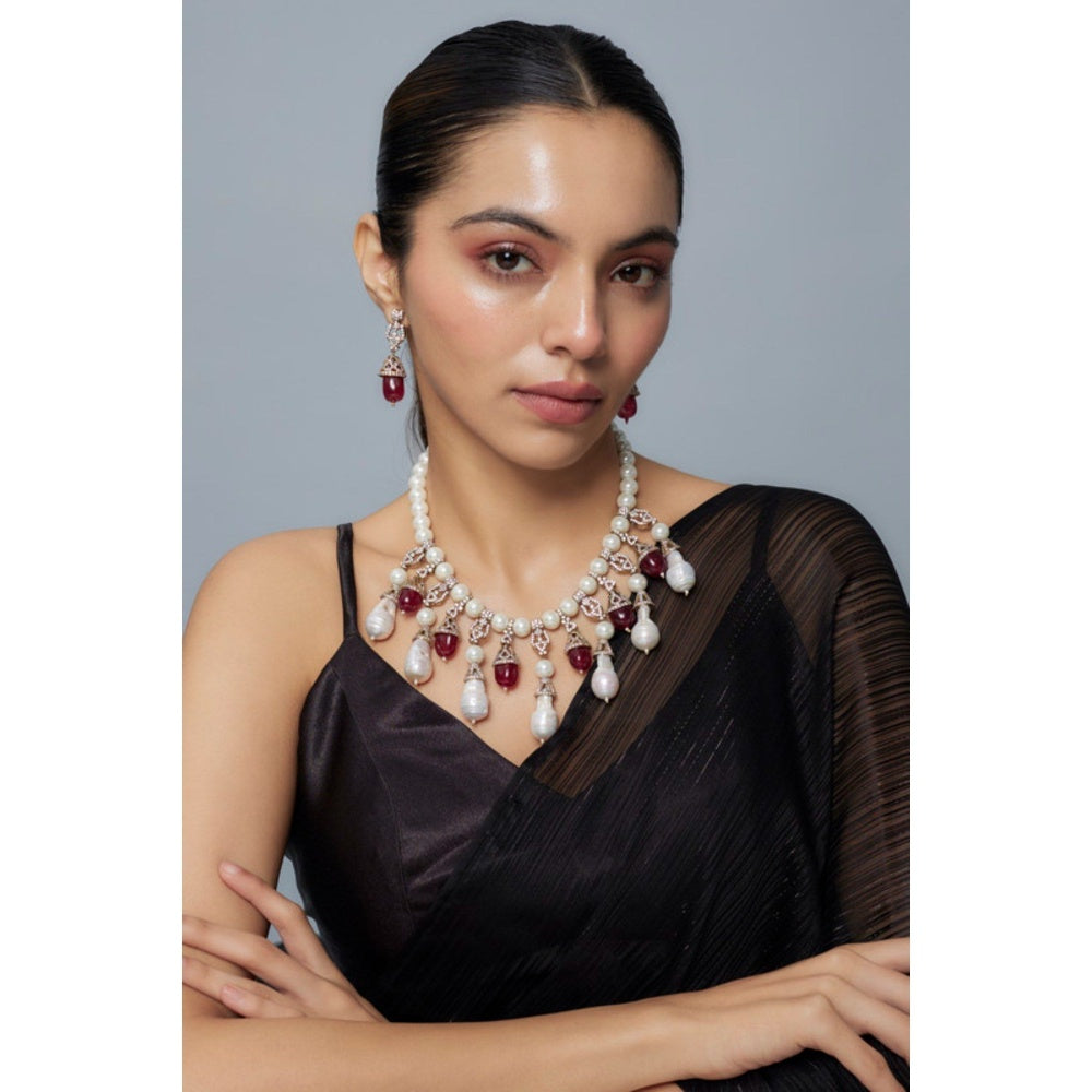 VIVINIA By Vidhi Mehra Florence Silver Plated Red Womens Pearl Short Necklace Set