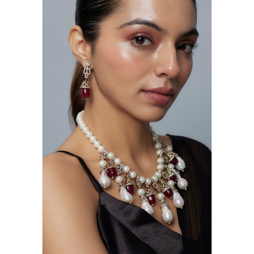 VIVINIA By Vidhi Mehra Florence Silver Plated Red Womens Pearl Short Necklace Set