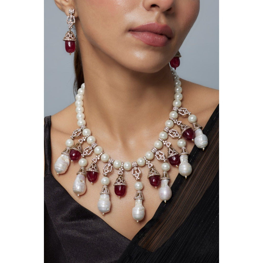 VIVINIA By Vidhi Mehra Florence Silver Plated Red Womens Pearl Short Necklace Set