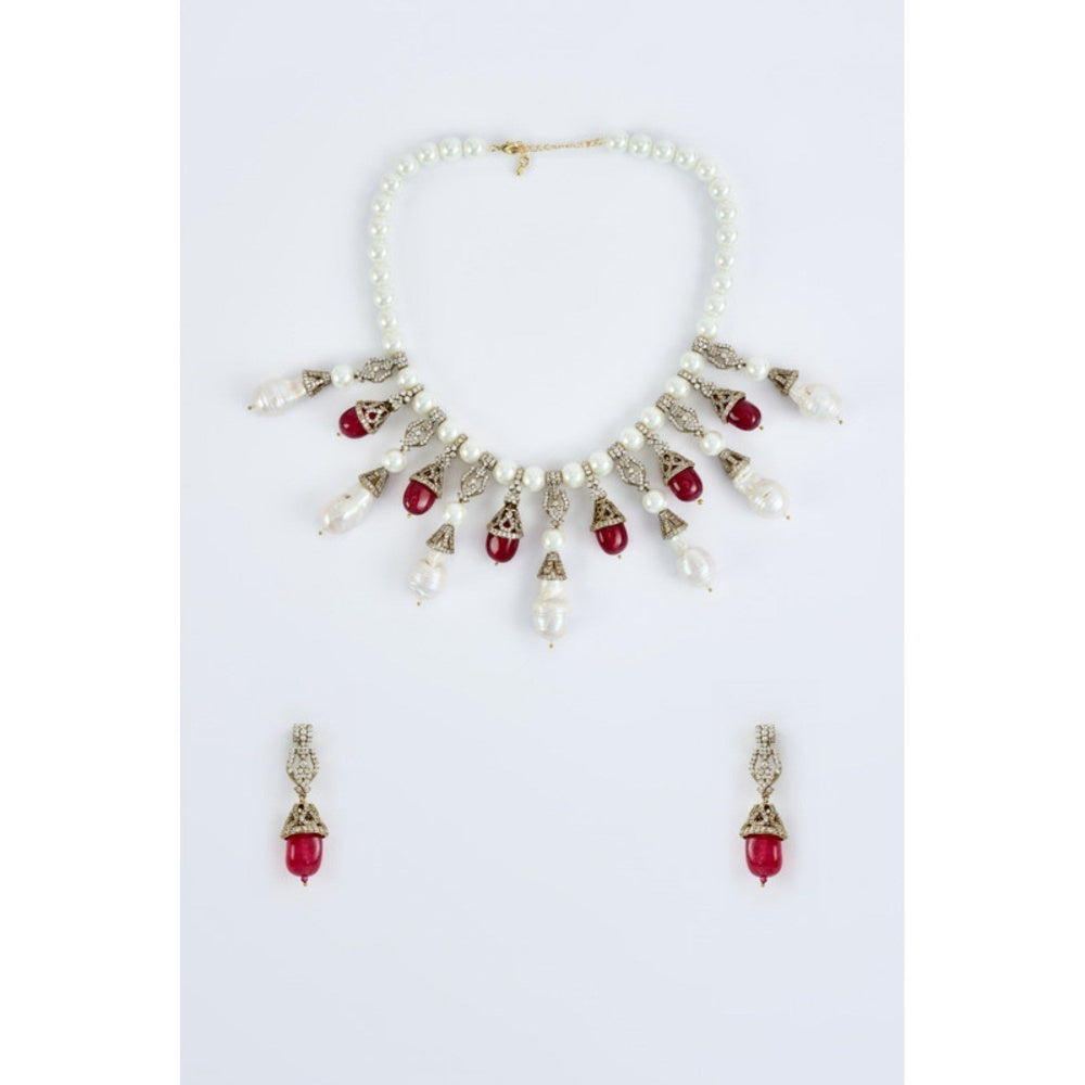 VIVINIA By Vidhi Mehra Florence Silver Plated Red Womens Pearl Short Necklace Set