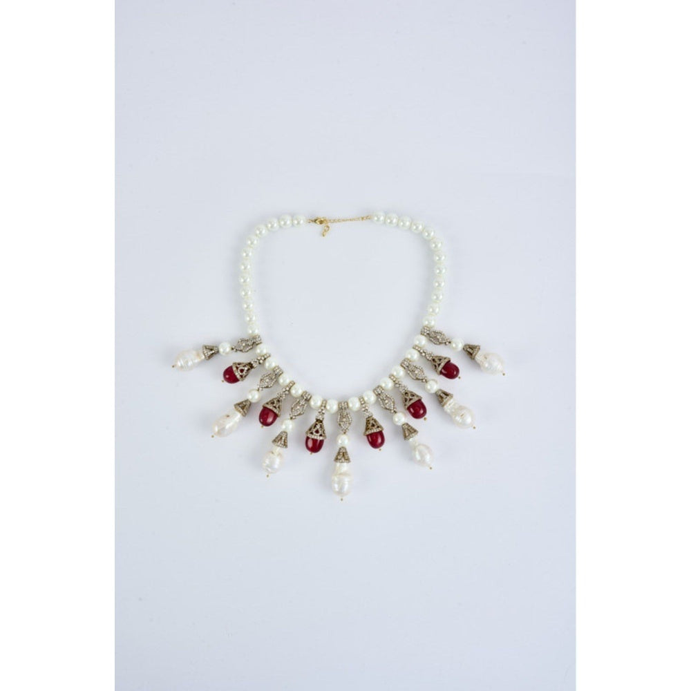 VIVINIA By Vidhi Mehra Florence Silver Plated Red Womens Pearl Short Necklace Set
