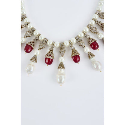 VIVINIA By Vidhi Mehra Florence Silver Plated Red Womens Pearl Short Necklace Set
