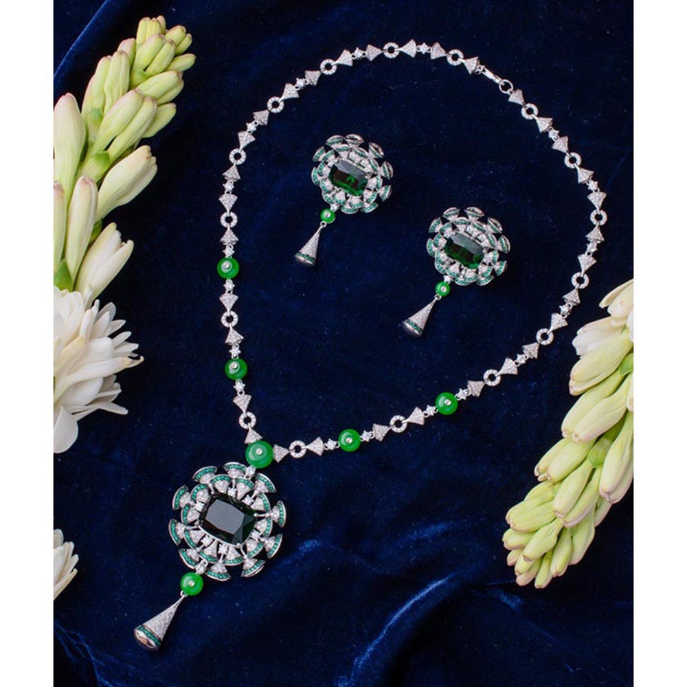 VIVINIA By Vidhi Mehra Zia Silver Plated Green Womens Zircon Long Necklace Set With Earrings