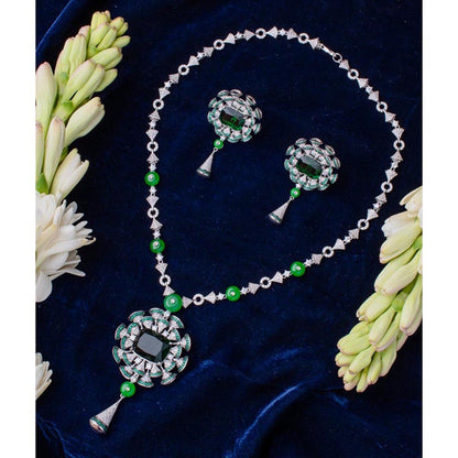 VIVINIA By Vidhi Mehra Zia Silver Plated Green Womens Zircon Long Necklace Set With Earrings