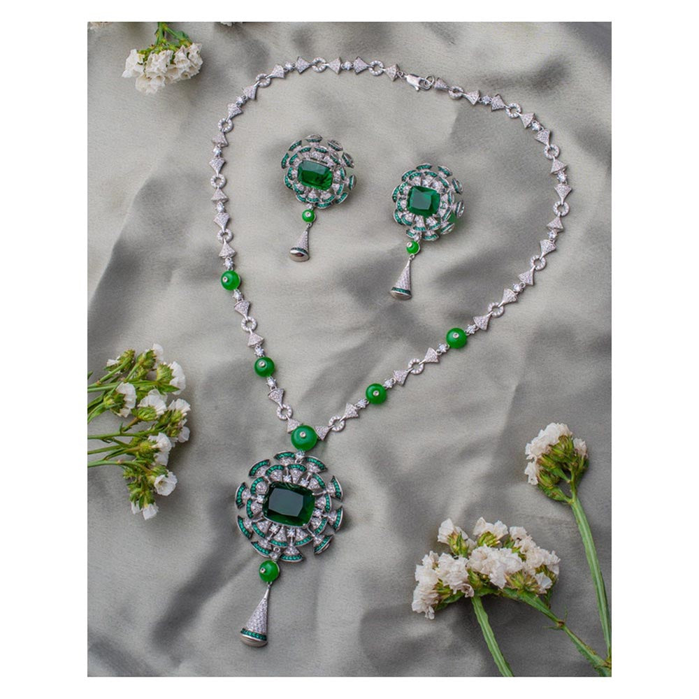 VIVINIA By Vidhi Mehra Zia Silver Plated Green Womens Zircon Long Necklace Set With Earrings
