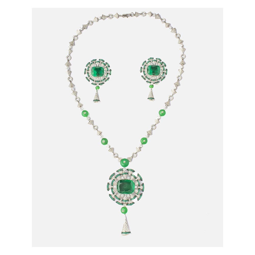 VIVINIA By Vidhi Mehra Zia Silver Plated Green Womens Zircon Long Necklace Set With Earrings