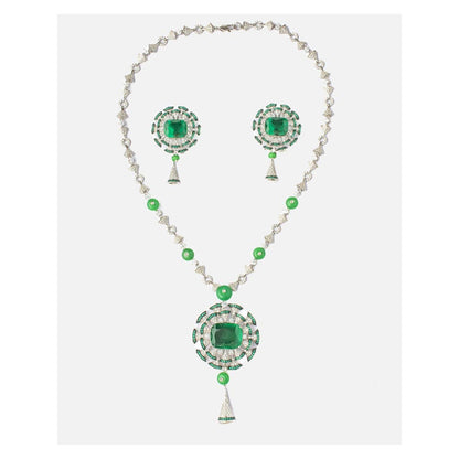 VIVINIA By Vidhi Mehra Zia Silver Plated Green Womens Zircon Long Necklace Set With Earrings