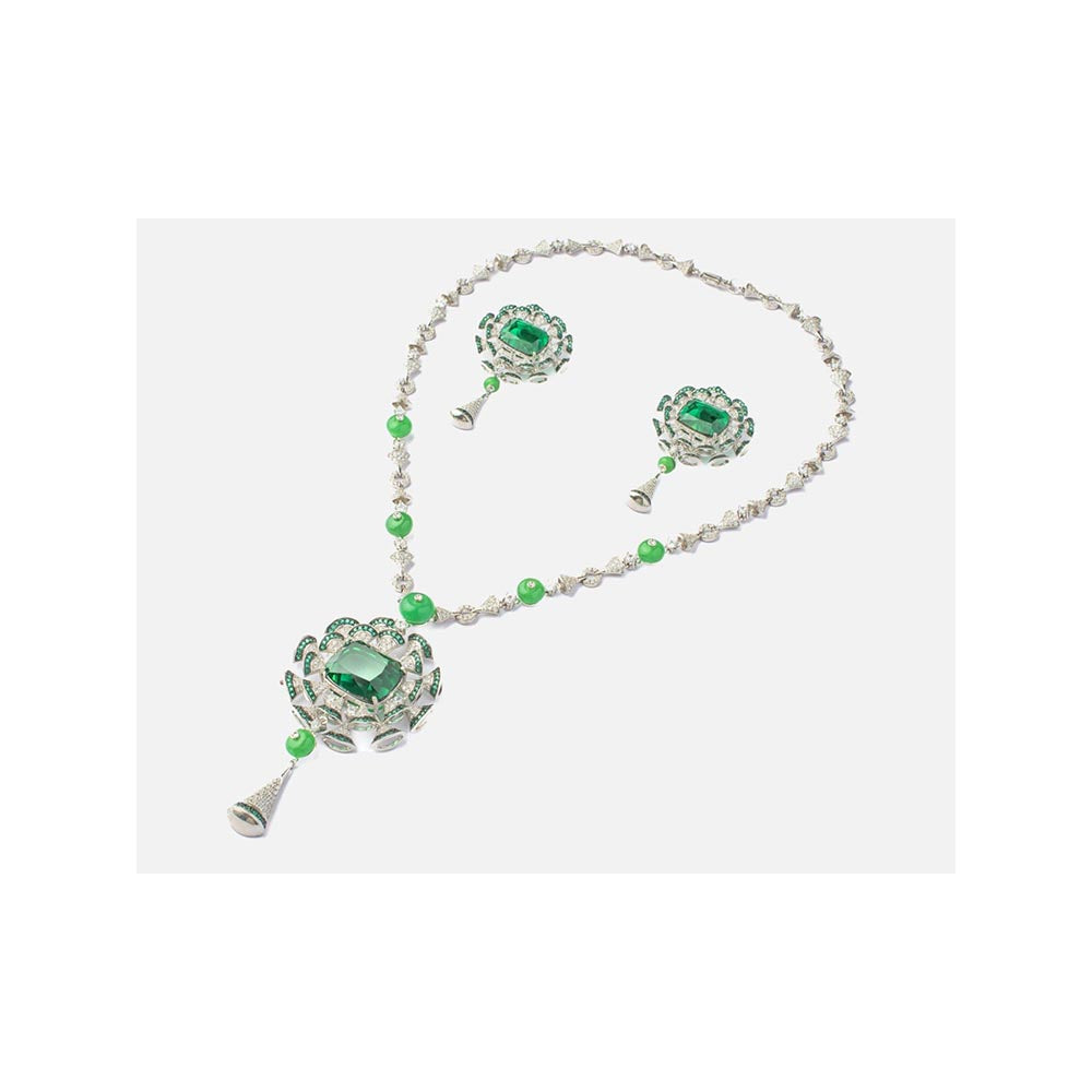 VIVINIA By Vidhi Mehra Zia Silver Plated Green Womens Zircon Long Necklace Set With Earrings