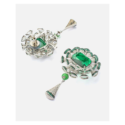 VIVINIA By Vidhi Mehra Zia Silver Plated Green Womens Zircon Long Necklace Set With Earrings