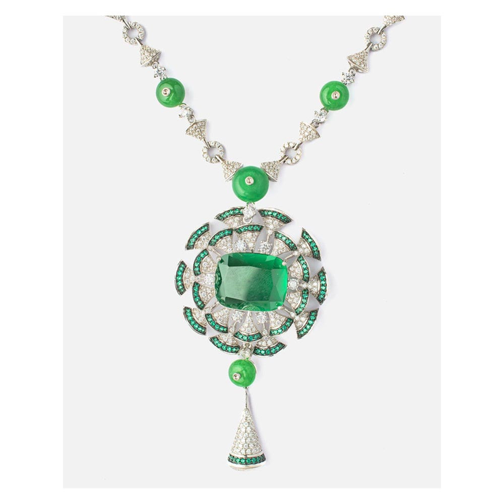 VIVINIA By Vidhi Mehra Zia Silver Plated Green Womens Zircon Long Necklace Set With Earrings