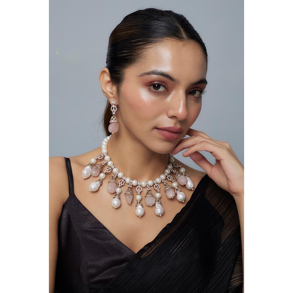 VIVINIA By Vidhi Mehra Florence Gold Plated Pink Womens Pearl Short Necklace Set With Earrings