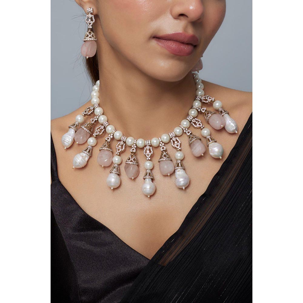 VIVINIA By Vidhi Mehra Florence Gold Plated Pink Womens Pearl Short Necklace Set With Earrings