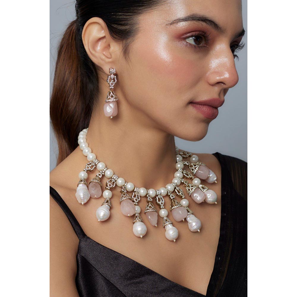 VIVINIA By Vidhi Mehra Florence Gold Plated Pink Womens Pearl Short Necklace Set With Earrings