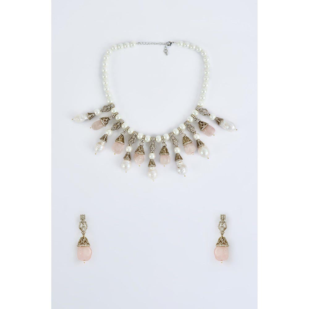 VIVINIA By Vidhi Mehra Florence Gold Plated Pink Womens Pearl Short Necklace Set With Earrings