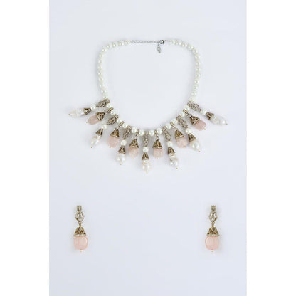 VIVINIA By Vidhi Mehra Florence Gold Plated Pink Womens Pearl Short Necklace Set With Earrings
