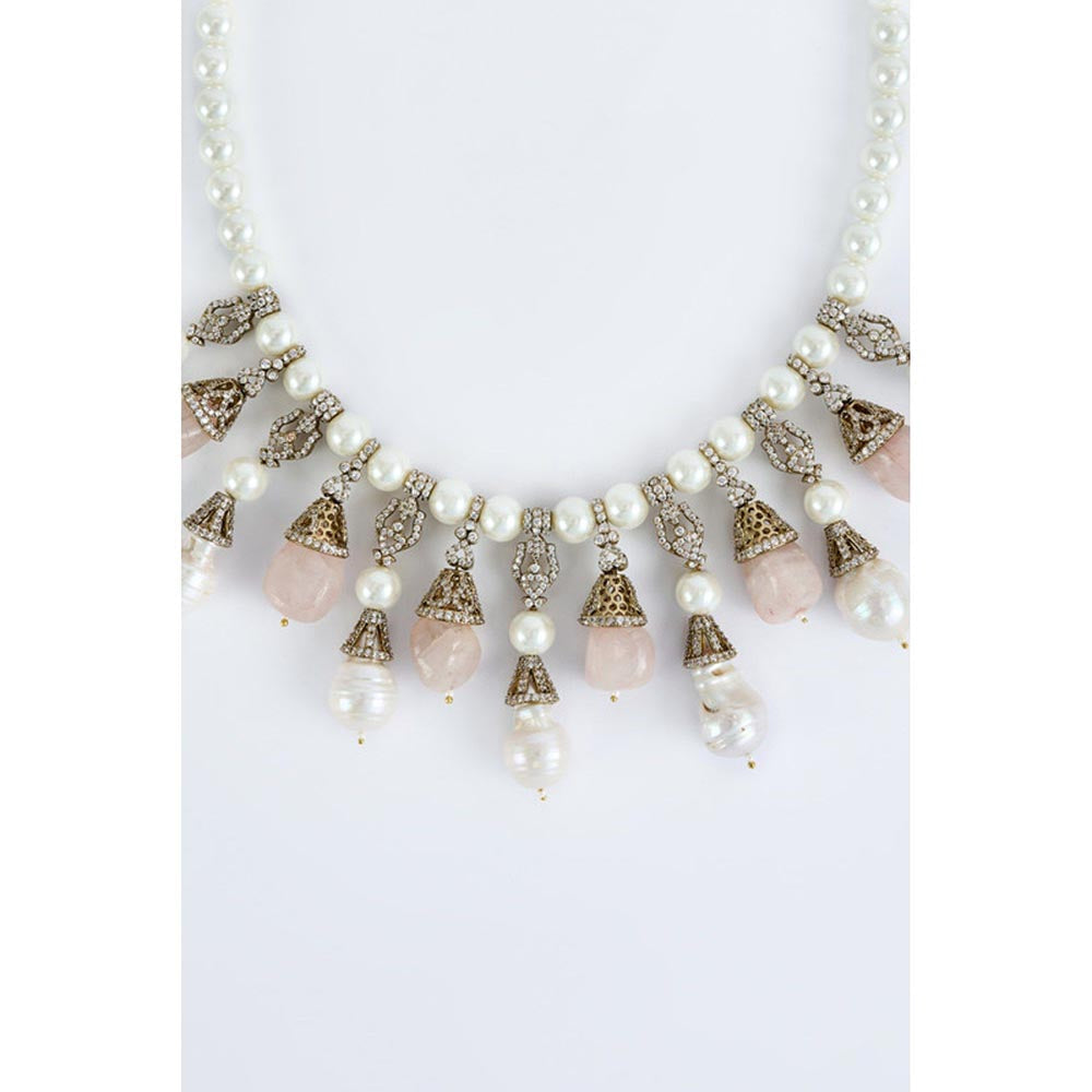 VIVINIA By Vidhi Mehra Florence Gold Plated Pink Womens Pearl Short Necklace Set With Earrings