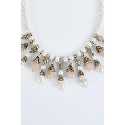 VIVINIA By Vidhi Mehra Florence Gold Plated Pink Womens Pearl Short Necklace Set With Earrings