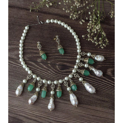 VIVINIA By Vidhi Mehra Silver Plated Green And White Womens Pearl Short Necklace Set