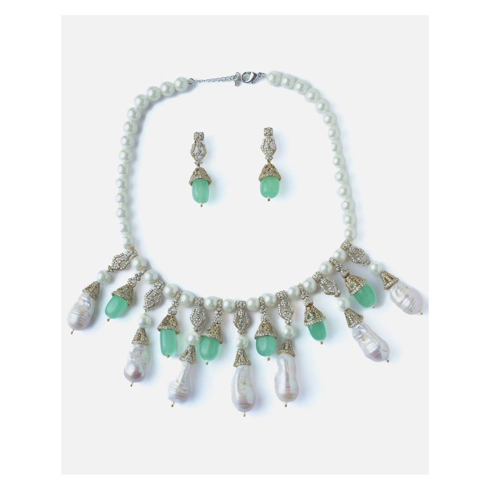VIVINIA By Vidhi Mehra Silver Plated Green And White Womens Pearl Short Necklace Set