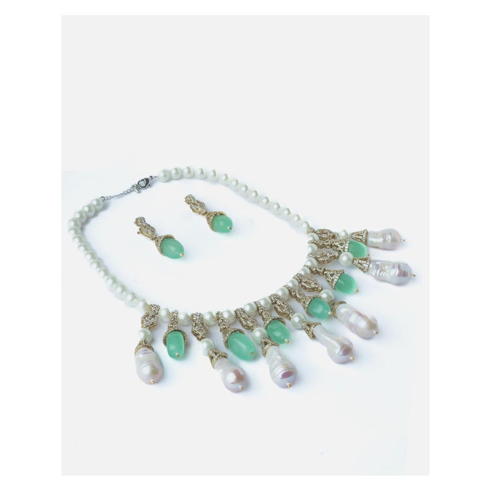 VIVINIA By Vidhi Mehra Silver Plated Green And White Womens Pearl Short Necklace Set