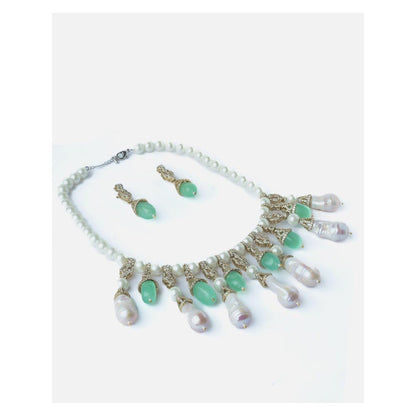 VIVINIA By Vidhi Mehra Silver Plated Green And White Womens Pearl Short Necklace Set