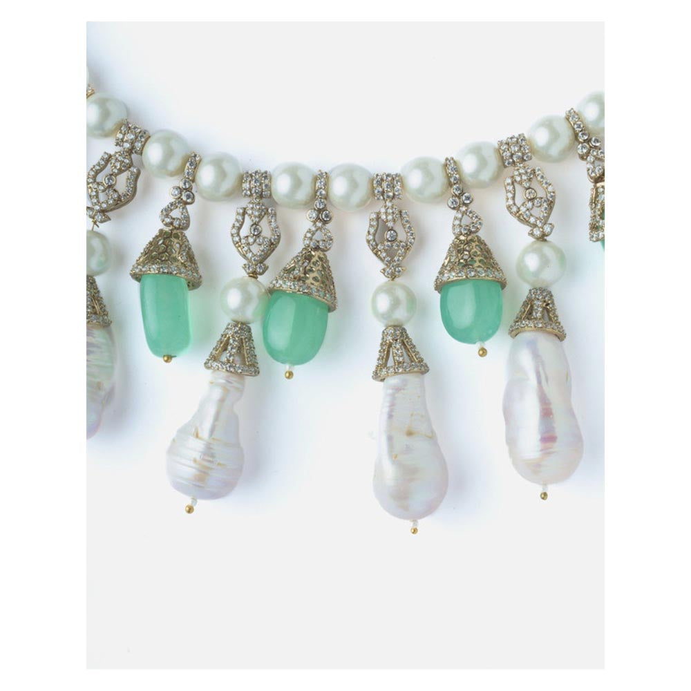 VIVINIA By Vidhi Mehra Silver Plated Green And White Womens Pearl Short Necklace Set