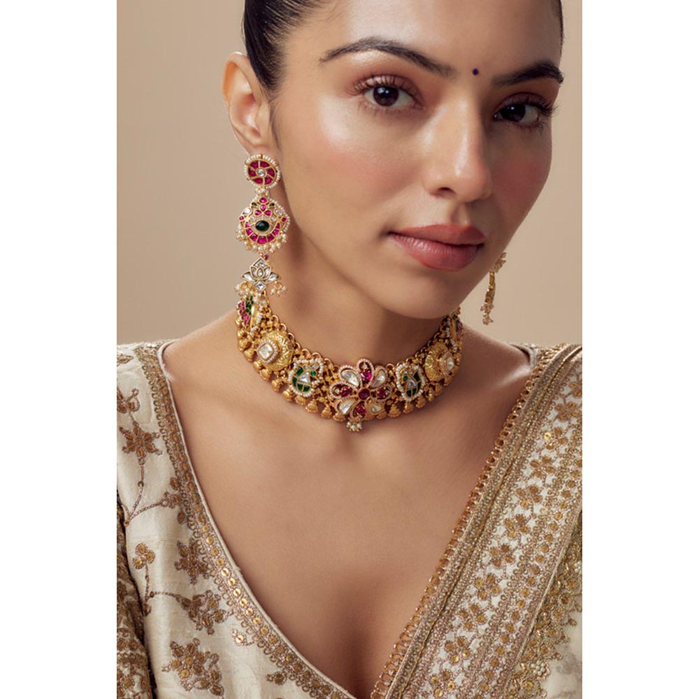 VIVINIA By Vidhi Mehra Morpankh Gold Plated Multi Womens Kundan Polki Choker Necklace Sets