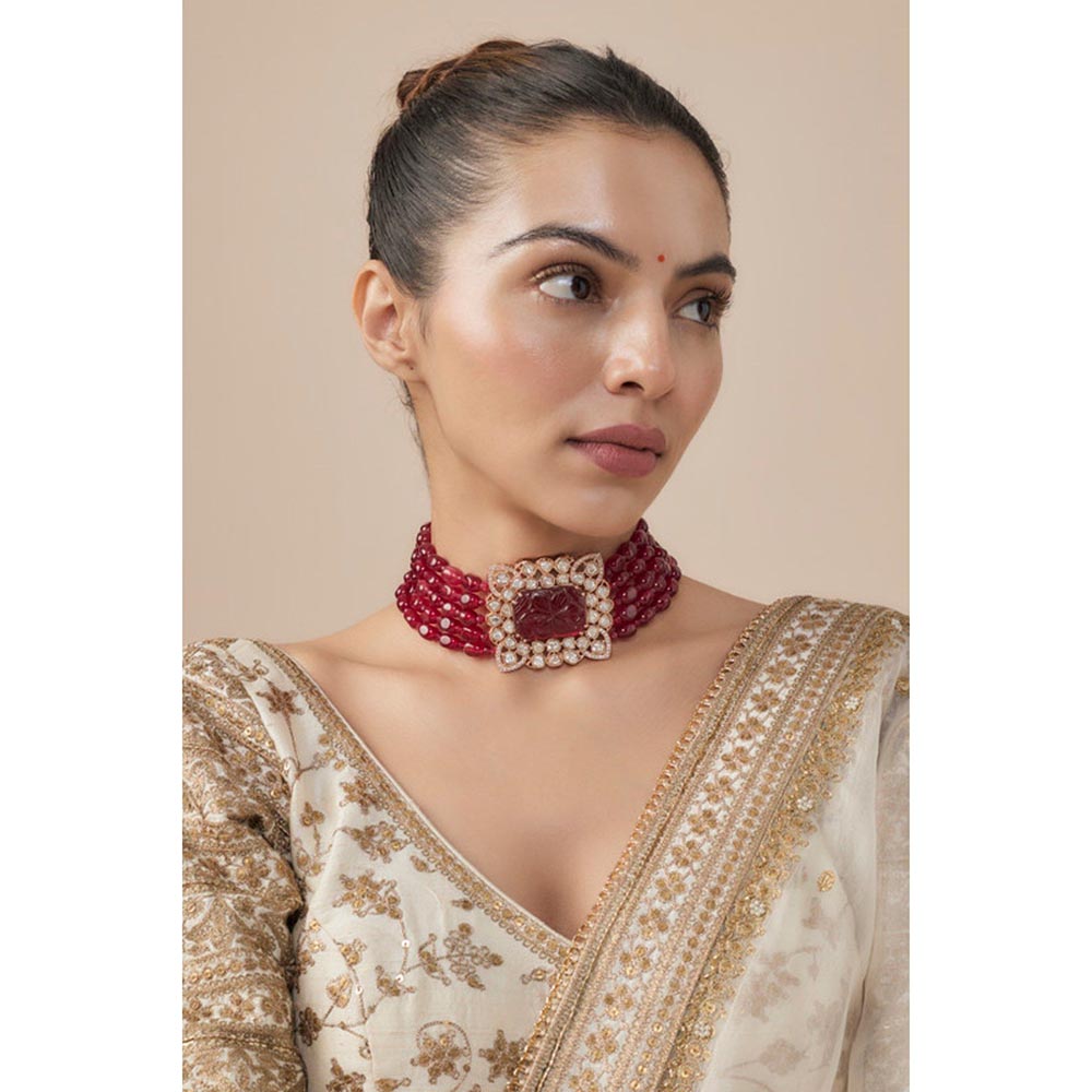 VIVINIA By Vidhi Mehra Antara Gold Plated Red Womens Beaded Choker Necklace Set