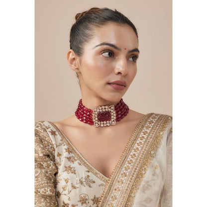 VIVINIA By Vidhi Mehra Antara Gold Plated Red Womens Beaded Choker Necklace Set