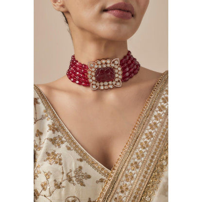 VIVINIA By Vidhi Mehra Antara Gold Plated Red Womens Beaded Choker Necklace Set