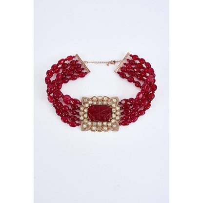 VIVINIA By Vidhi Mehra Antara Gold Plated Red Womens Beaded Choker Necklace Set