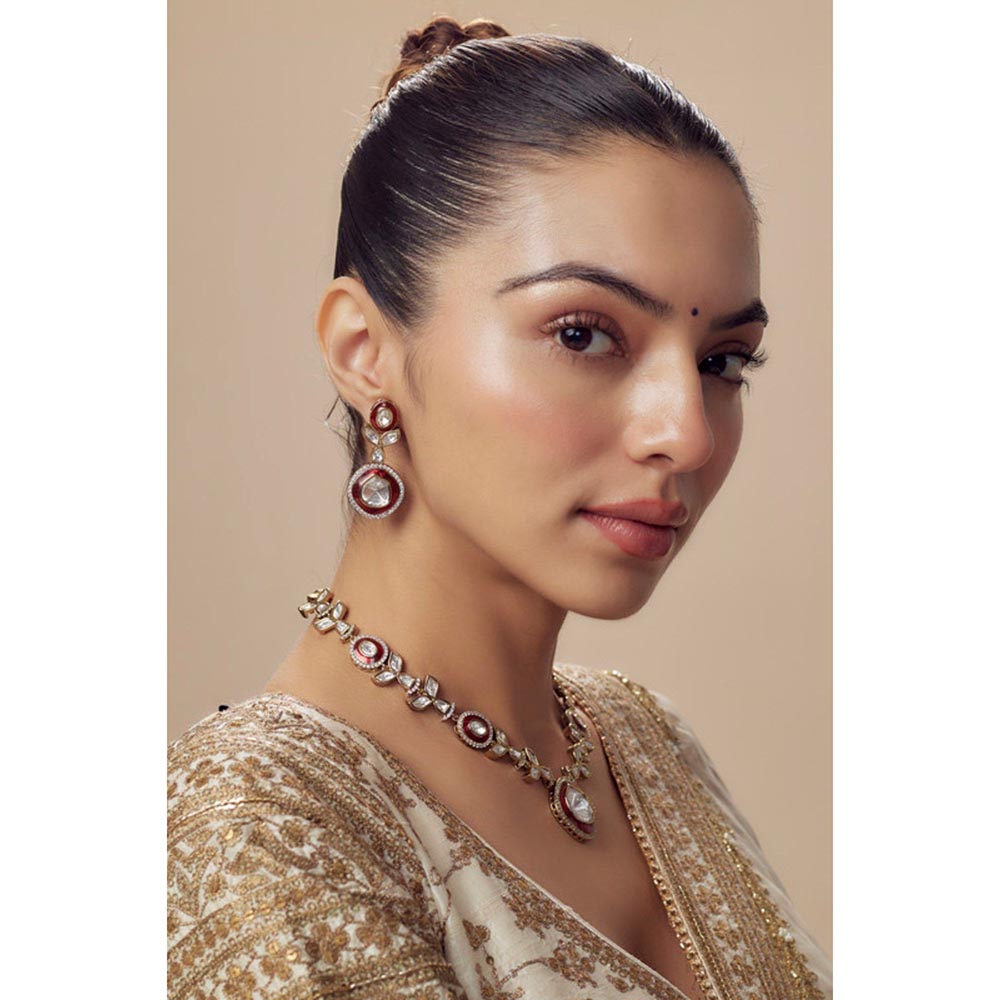 VIVINIA By Vidhi Mehra Burgundy Gold Plated Red Womens Kundan Polki Short Necklace Sets