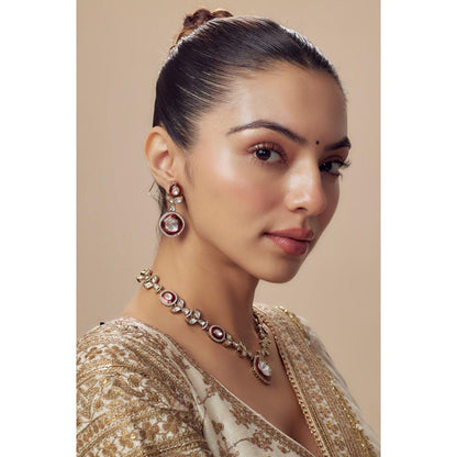VIVINIA By Vidhi Mehra Burgundy Gold Plated Red Womens Kundan Polki Short Necklace Sets
