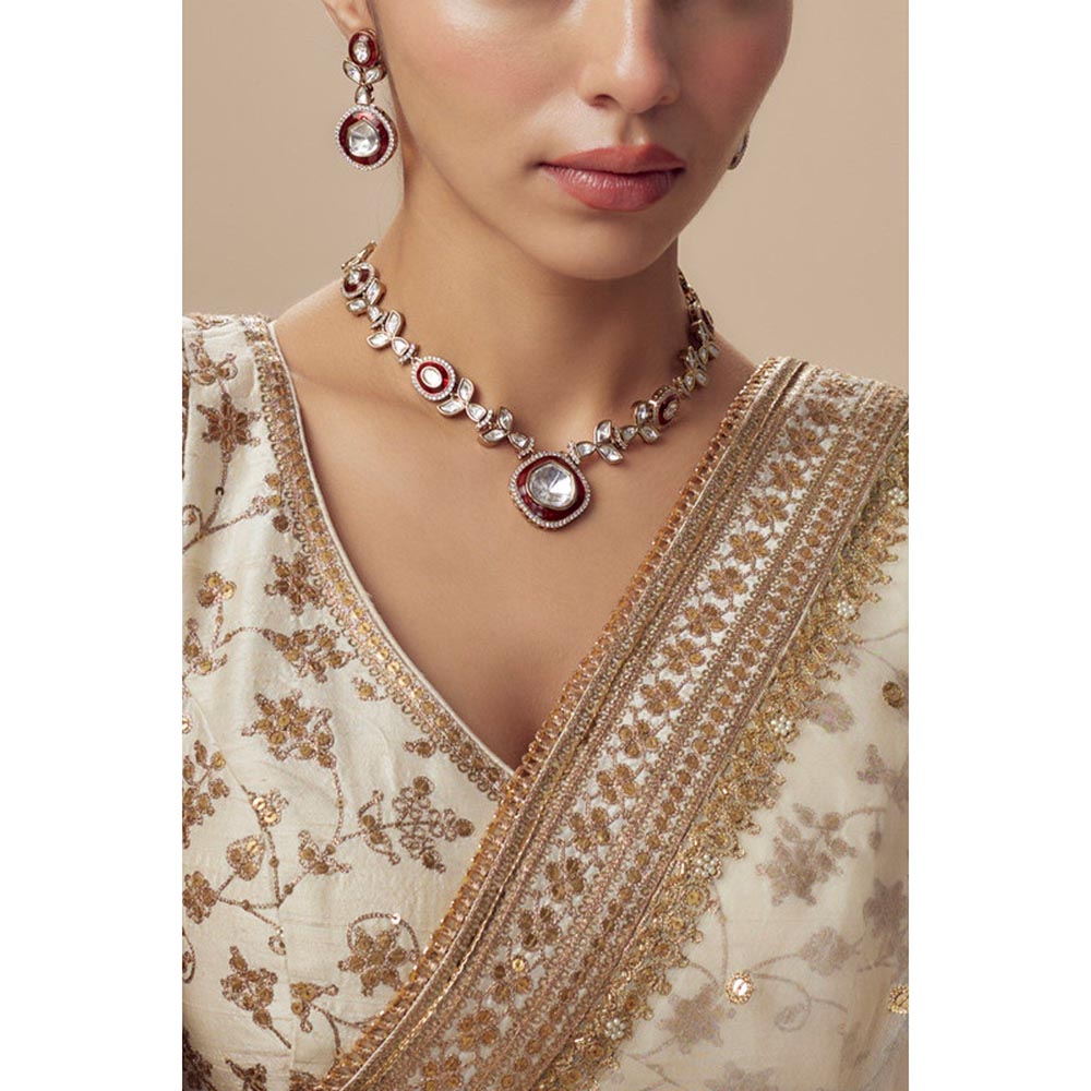 VIVINIA By Vidhi Mehra Burgundy Gold Plated Red Womens Kundan Polki Short Necklace Sets