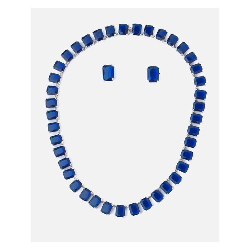 VIVINIA By Vidhi Mehra Silver Plated Blue Womens Short Necklace Set With Earrings