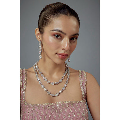 VIVINIA By Vidhi Mehra Zia Silver Plated Zircon Womens Long Necklace Set With Earrings