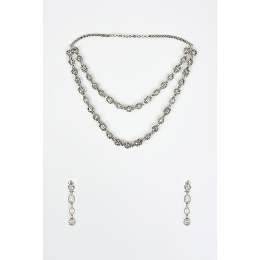 VIVINIA By Vidhi Mehra Zia Silver Plated Zircon Womens Long Necklace Set With Earrings