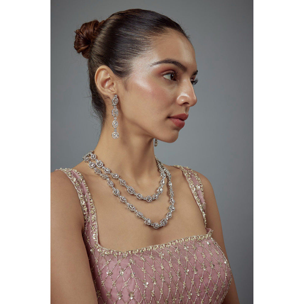 VIVINIA By Vidhi Mehra Zia Silver Plated Zircon Womens Long Necklace Set With Earrings