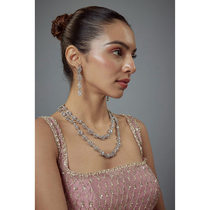 VIVINIA By Vidhi Mehra Zia Silver Plated Zircon Womens Long Necklace Set With Earrings