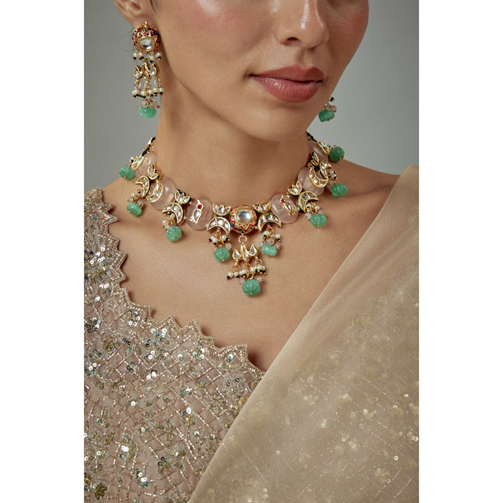 VIVINIA By Vidhi Mehra Saadgi Gold Plated Green Kundan Polki Womens Short Necklace Sets