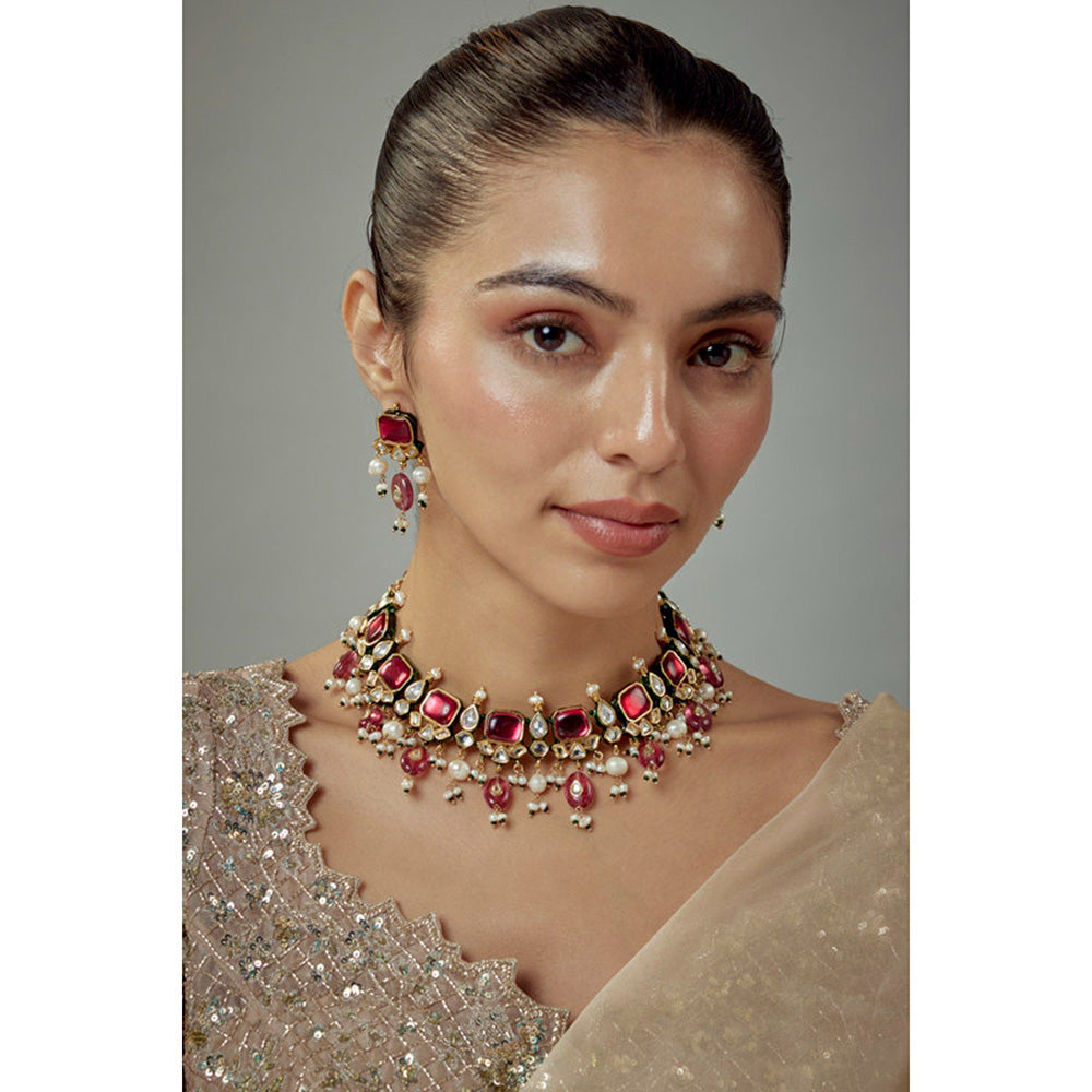 VIVINIA By Vidhi Mehra Saadgi Gold Plated Red Kundan Polki Womens Choker Necklace Set