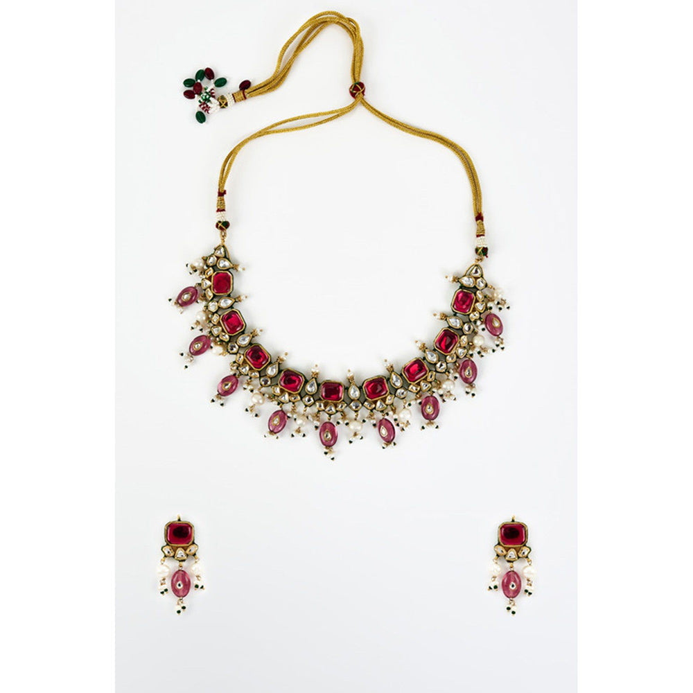 VIVINIA By Vidhi Mehra Saadgi Gold Plated Red Kundan Polki Womens Choker Necklace Set
