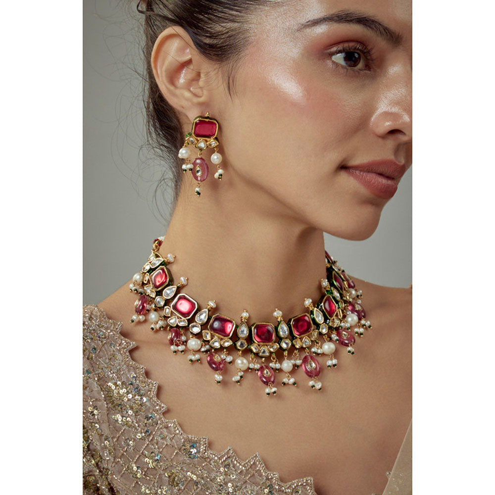 VIVINIA By Vidhi Mehra Saadgi Gold Plated Red Kundan Polki Womens Choker Necklace Set