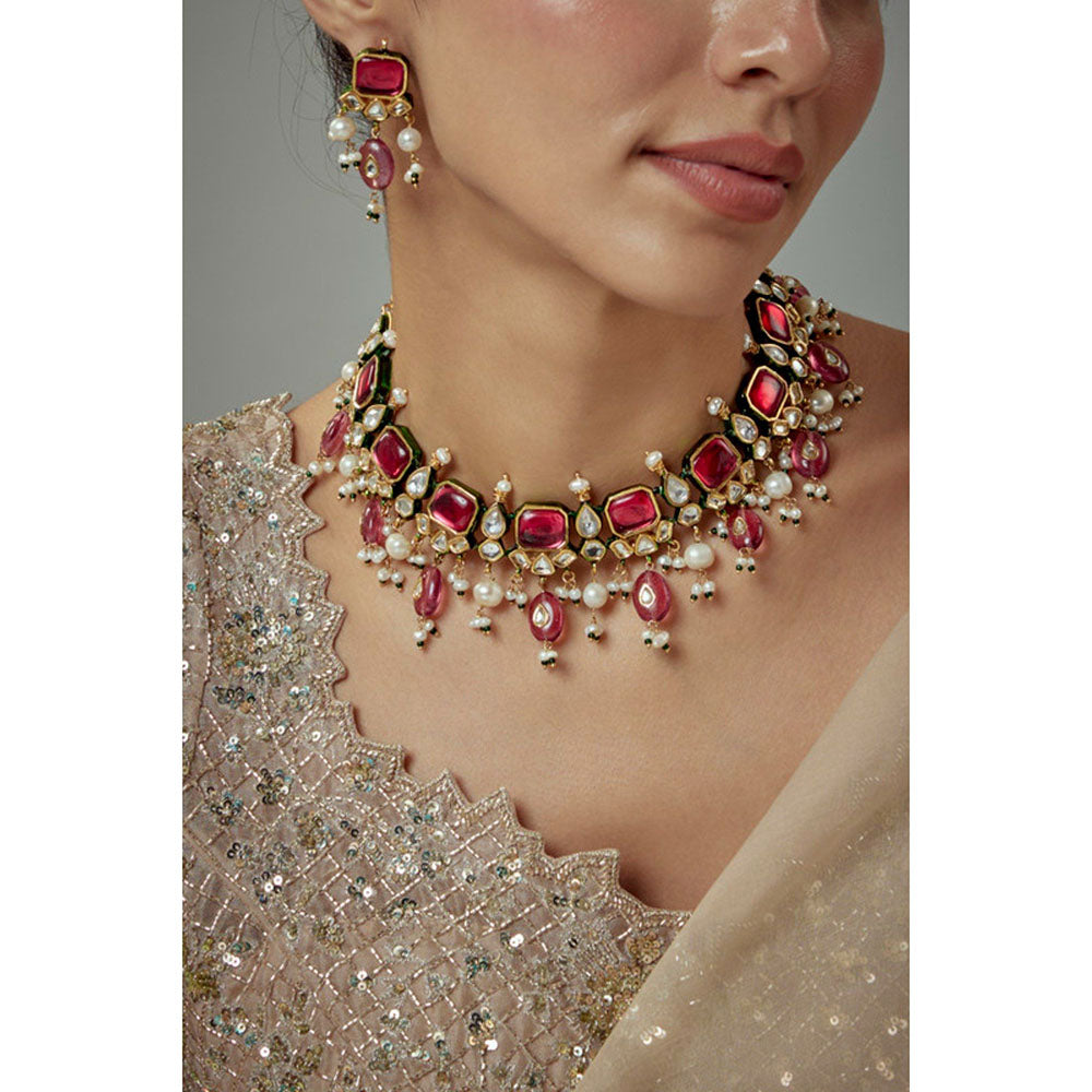 VIVINIA By Vidhi Mehra Saadgi Gold Plated Red Kundan Polki Womens Choker Necklace Set