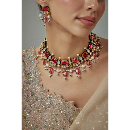 VIVINIA By Vidhi Mehra Saadgi Gold Plated Red Kundan Polki Womens Choker Necklace Set
