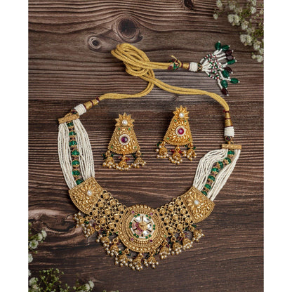 VIVINIA By Vidhi Mehra Isvaraah 2.0 Gold Plated Green Choker Necklace Set With Earrings