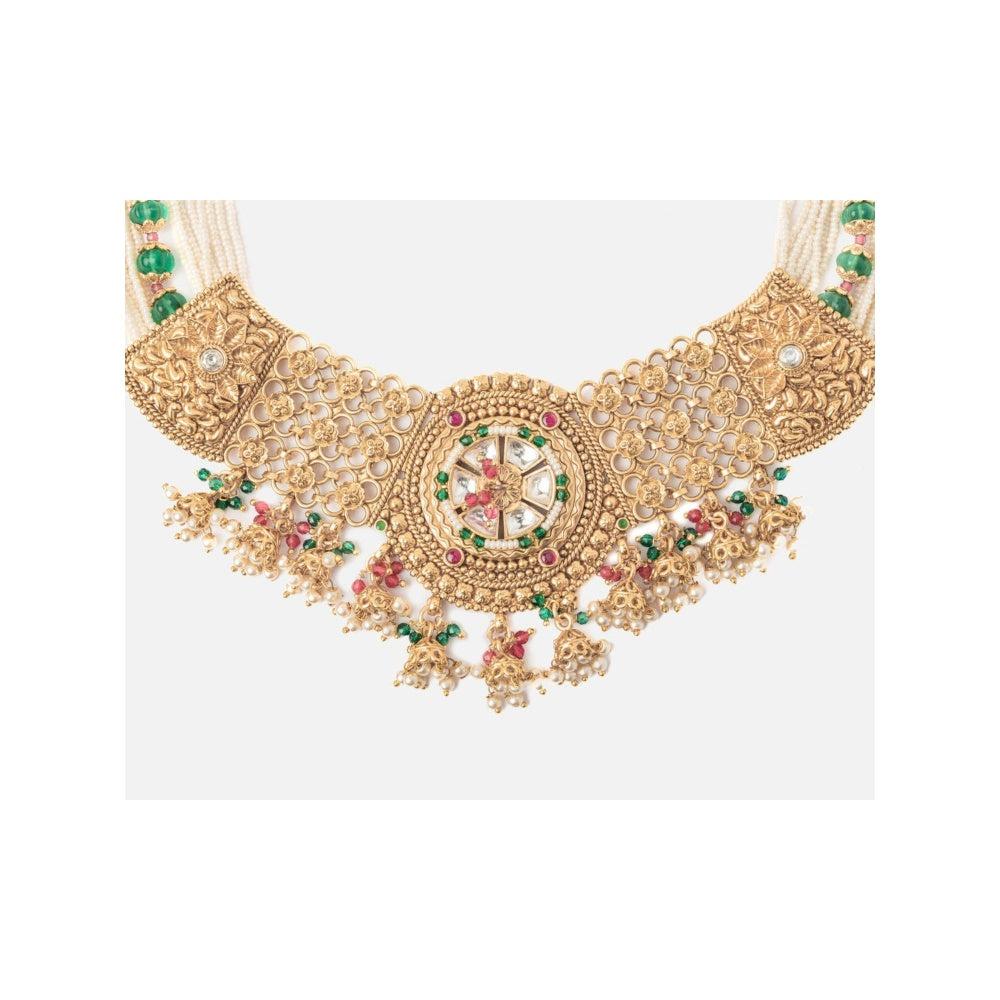 VIVINIA By Vidhi Mehra Isvaraah 2.0 Gold Plated Green Choker Necklace Set With Earrings
