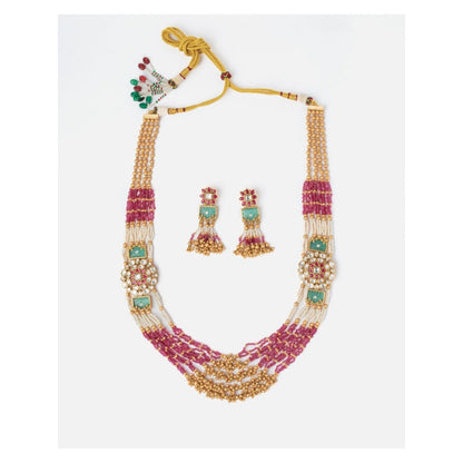 VIVINIA By Vidhi Mehra Isvaraah 2.0 Gold Plated Pink Long Necklace Set With Earrings