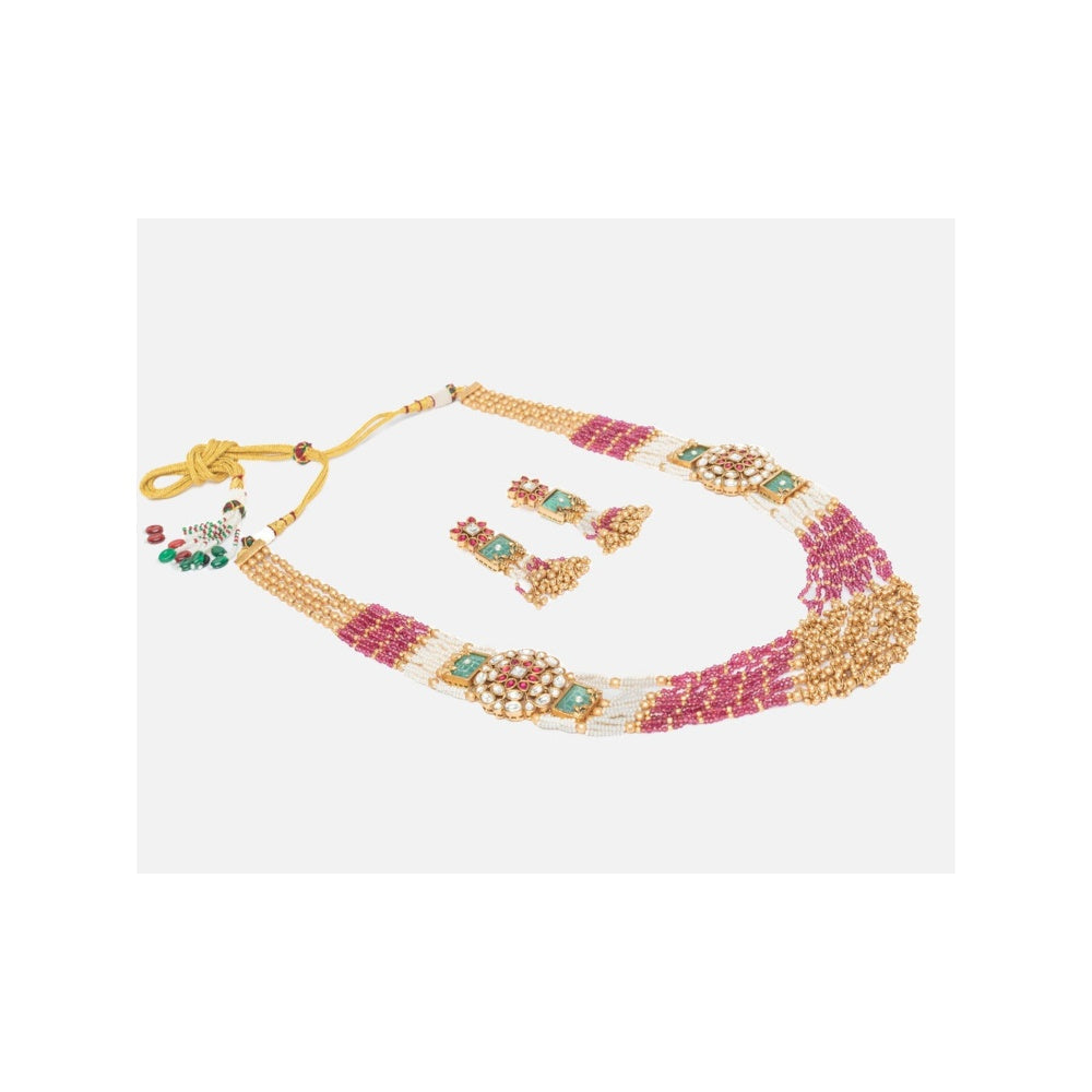 VIVINIA By Vidhi Mehra Isvaraah 2.0 Gold Plated Pink Long Necklace Set With Earrings